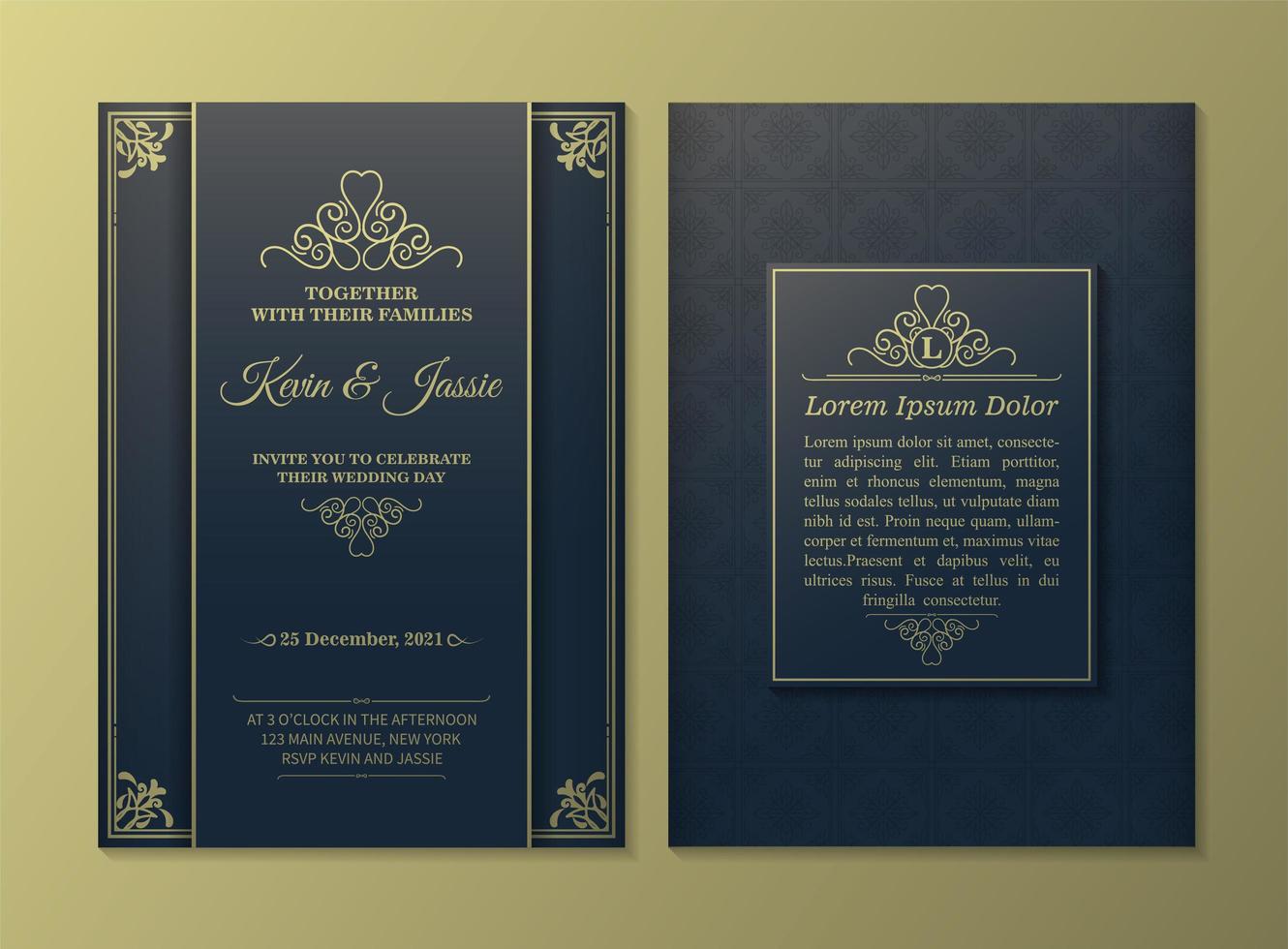 cartão de convite ouro e azul vintage de luxo vetor