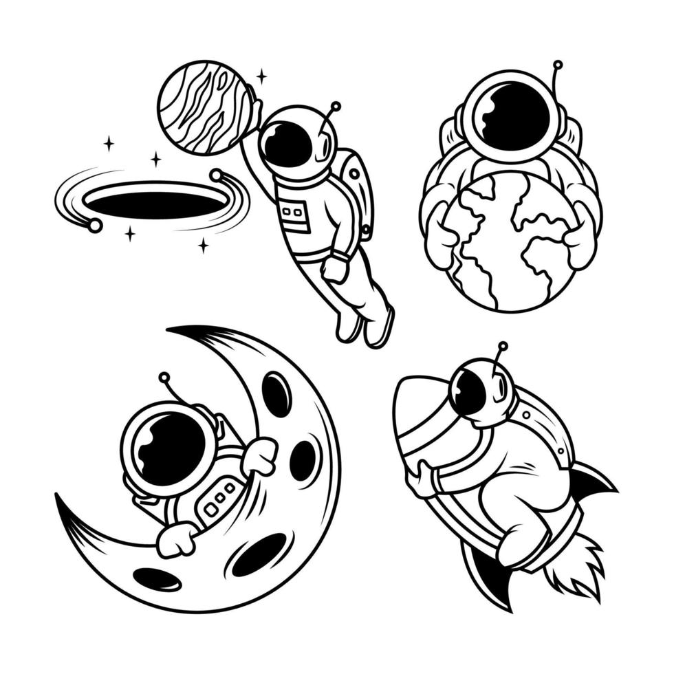 conjunto de ilustração de astronauta de tatuagem minimalista vetor