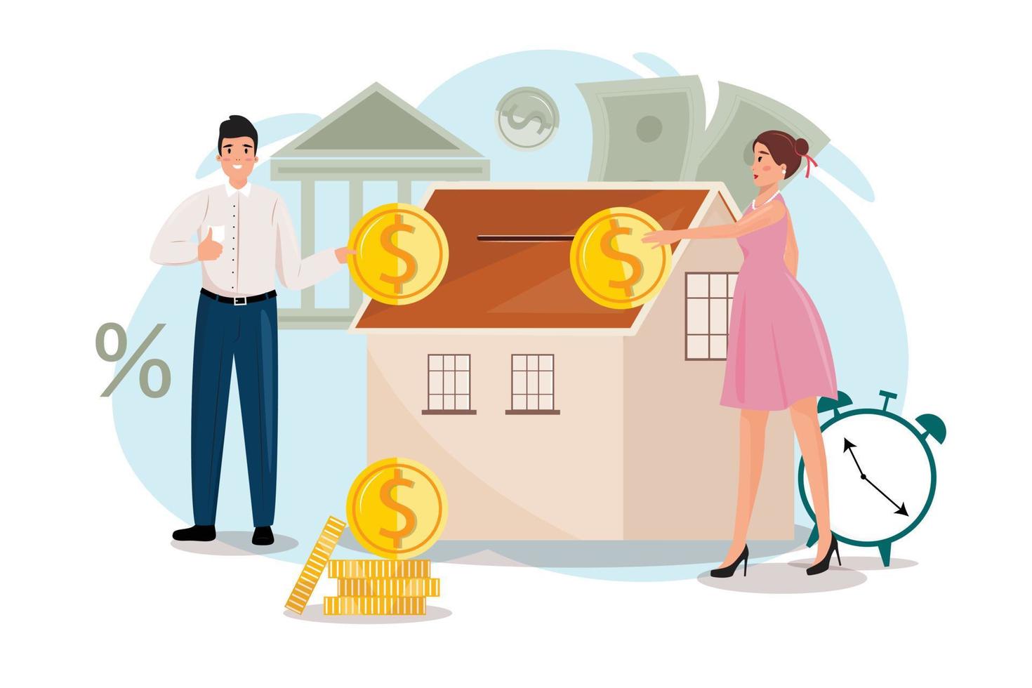 ilustração do conceito de propriedade da casa com um homem e uma mulher. ilustração moderna com homem e mulher investindo em imóveis. vetor