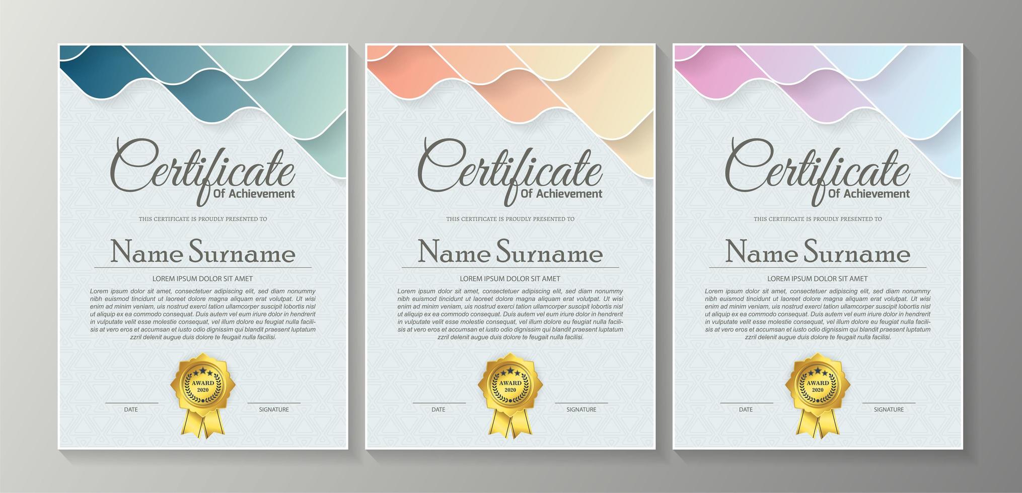 conjunto de certificado de camadas onduladas pastel vetor