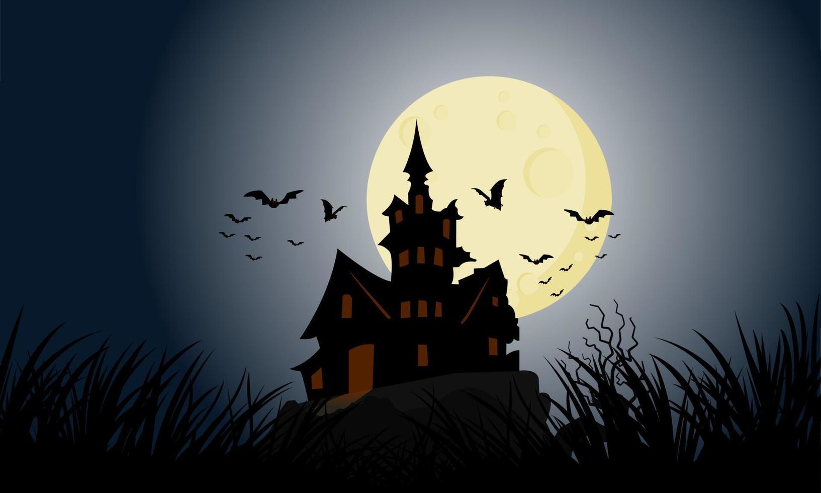 aterrorizante castelo escuro na noite de lua cheia de halloween. enxames de morcegos voam ao redor do castelo de Drácula que se eleva sobre as montanhas. vetor