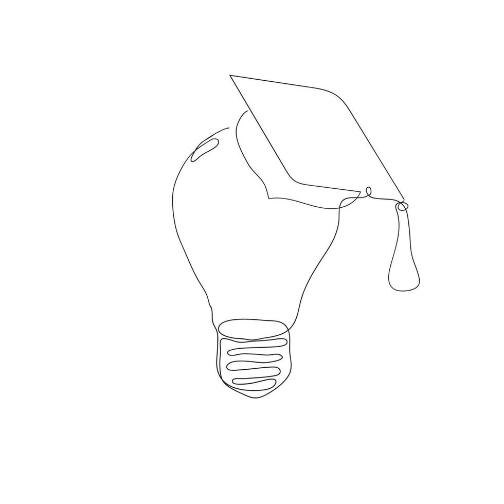 lâmpada de desenho de linha contínua com ilustração de símbolo de chapéu de formatura vetor