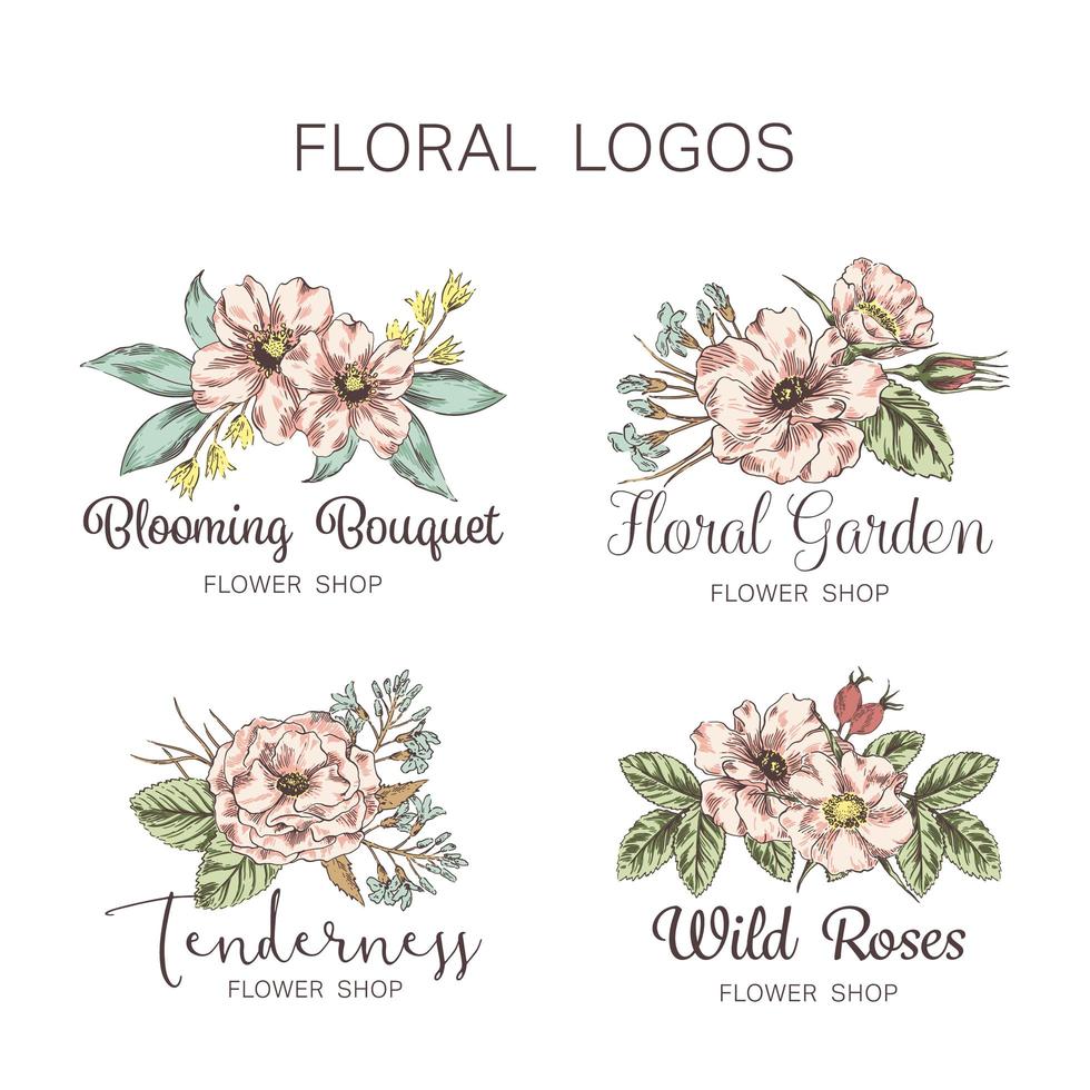 Conjunto de logotipo colorido desenhado à mão de floricultura vetor