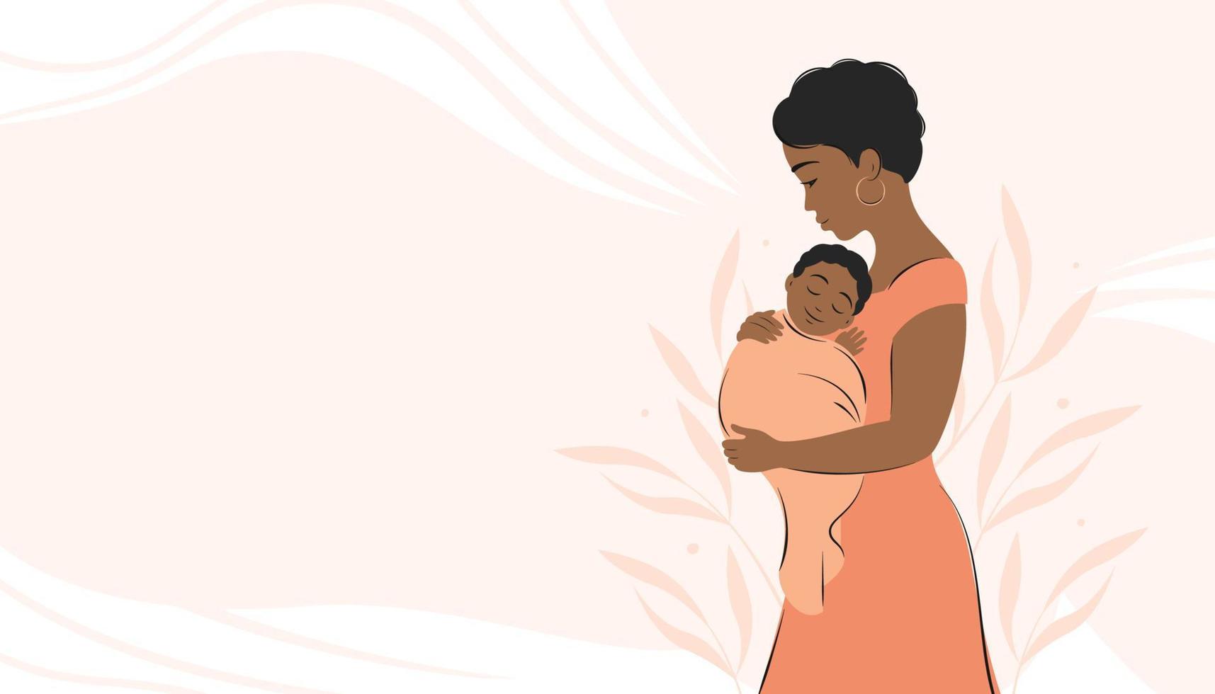mulher africana segurando o bebê nos braços. banner sobre gravidez e amamentação com lugar para texto. ilustração vetorial. vetor