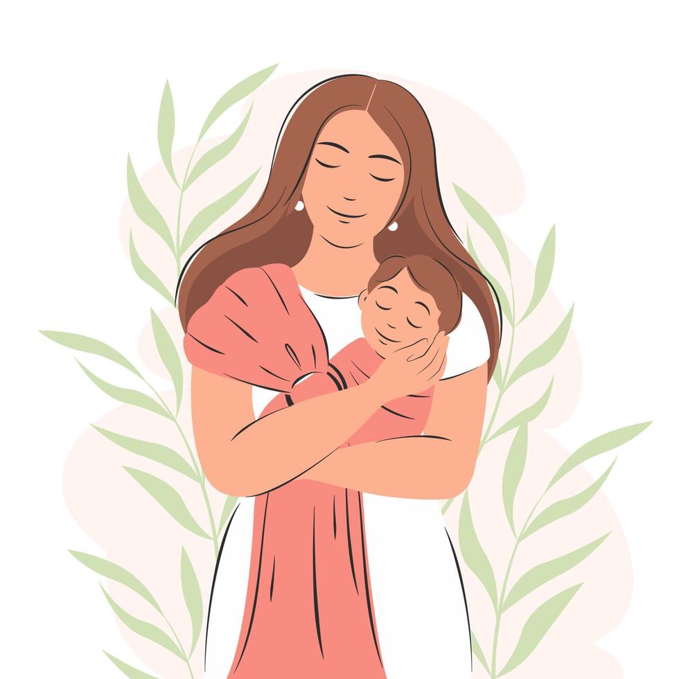 mãe e bebê recém-nascido. retrato decorado com plantas. conceito de maternidade e ilustração family.vector. vetor