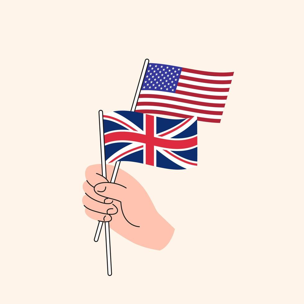 mão dos desenhos animados segurando bandeiras dos estados unidos e do reino unido. nós relacionamentos na Inglaterra. conceito de diplomacia, política e negociações democráticas. vetor isolado de design plano