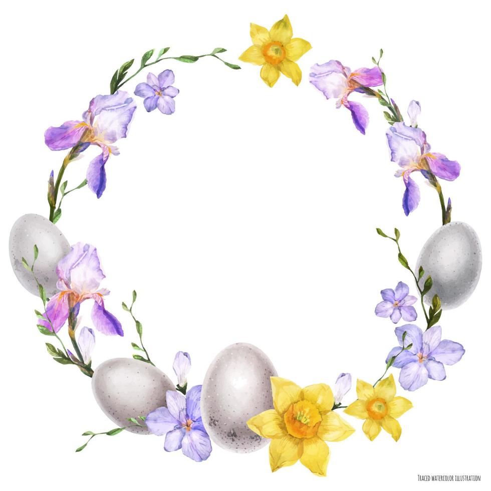 coroa decorativa em aquarela com flores e ovos vetor