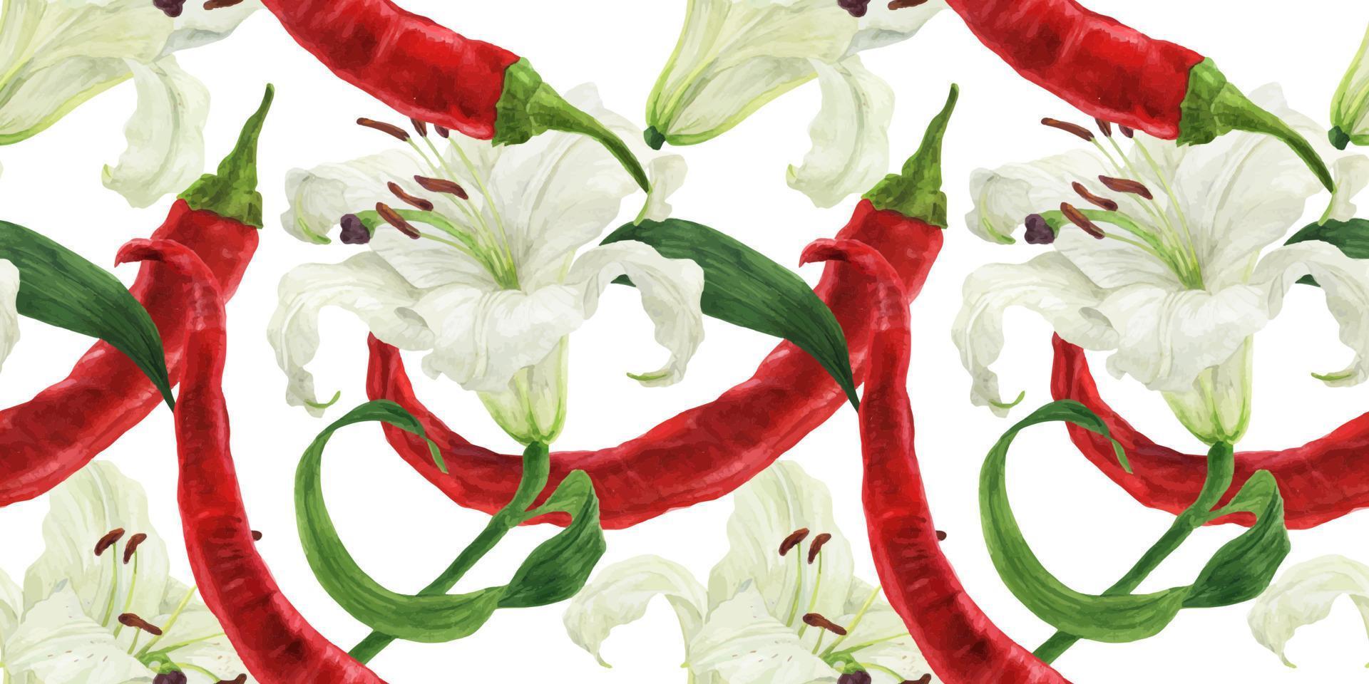 pimenta vermelha e lírio flor branca sem costura padrão de aquarela vetor