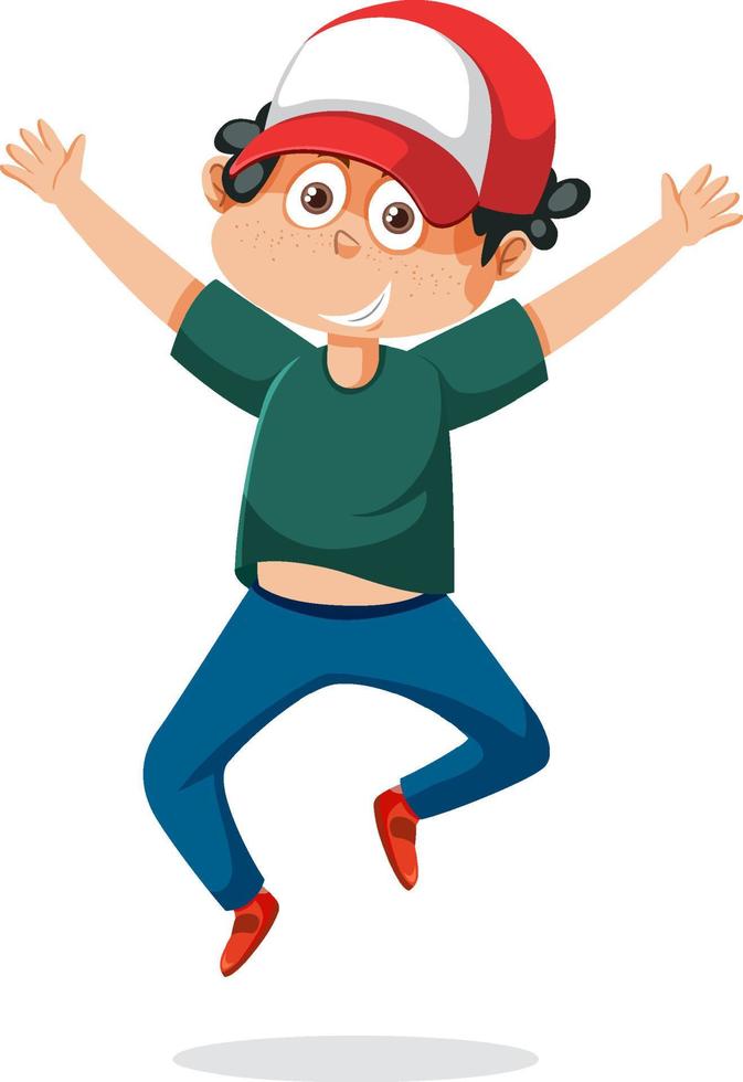 um menino feliz pulando personagem de desenho animado vetor