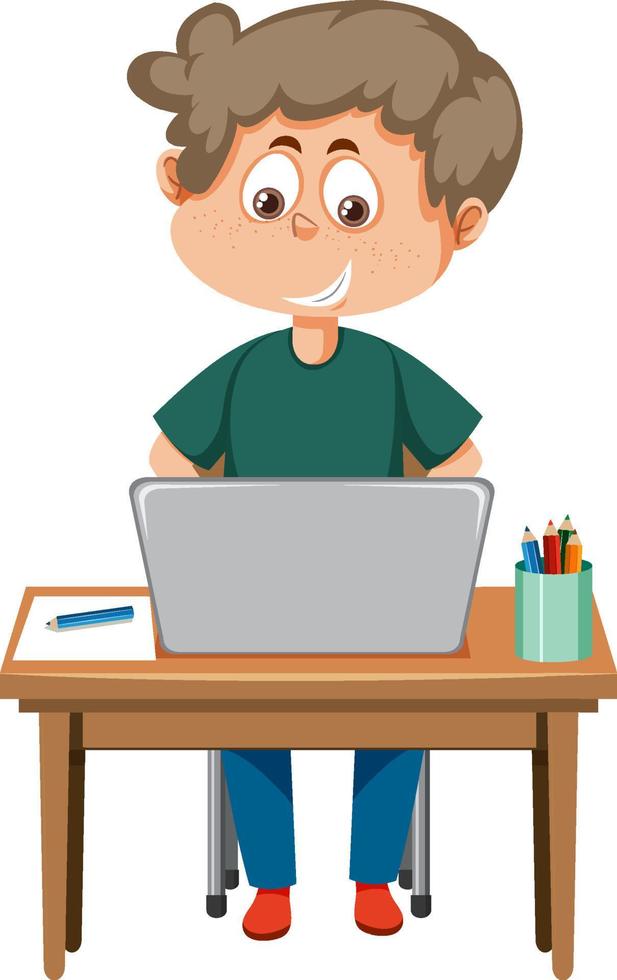 um menino sentado na frente do laptop vetor