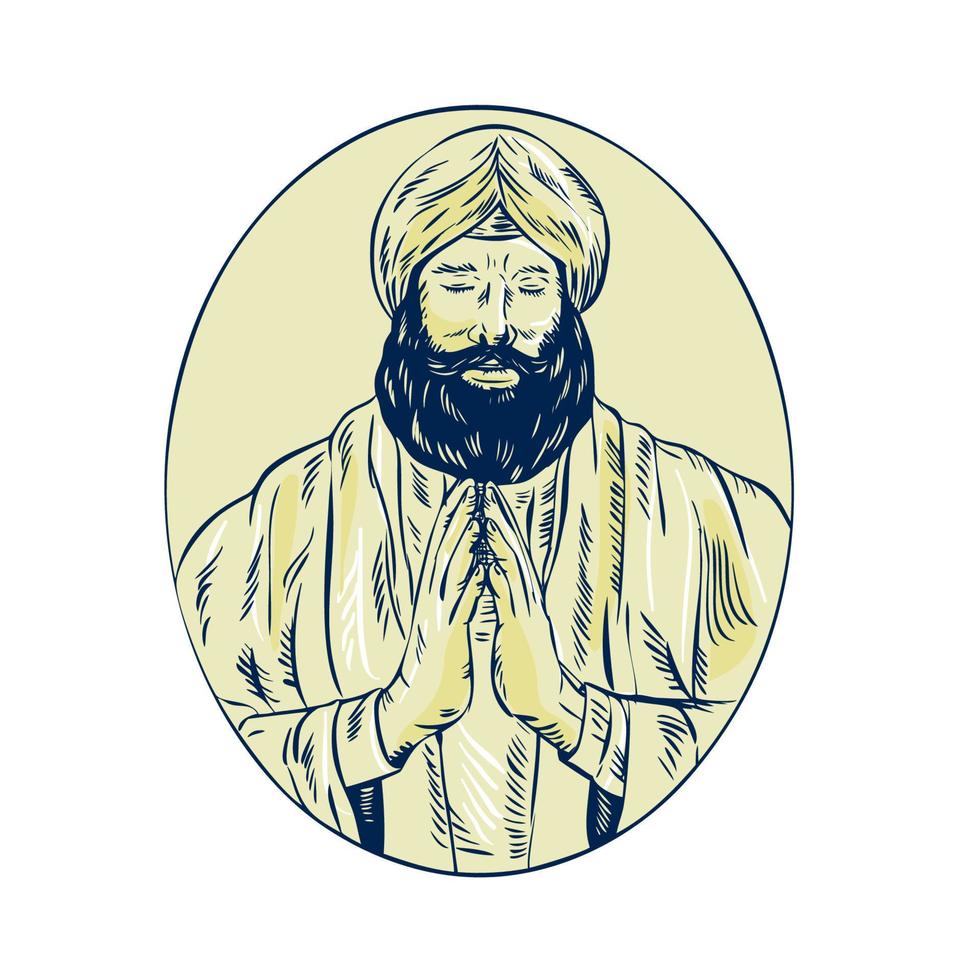 padre sikh rezando gravura oval frontal vetor