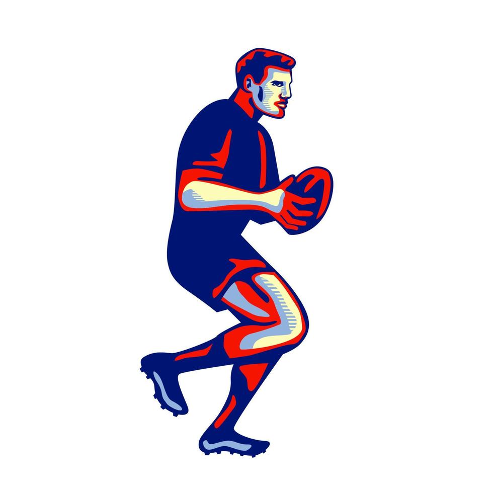 jogador de rugby correndo passando bola retrô vetor