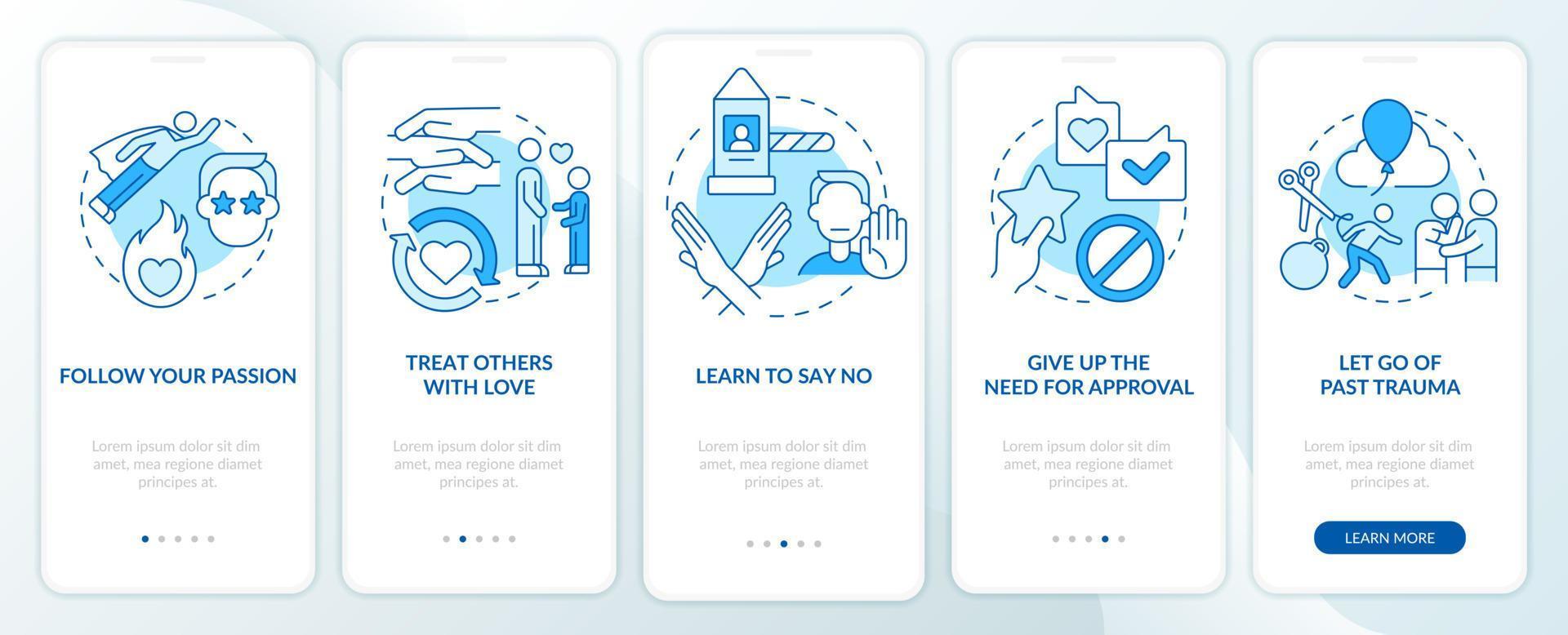 atividades diárias de autocuidado tela azul do aplicativo móvel de integração. passo a passo 5 passos páginas de instruções gráficas com conceitos lineares. ui, ux, modelo de gui vetor