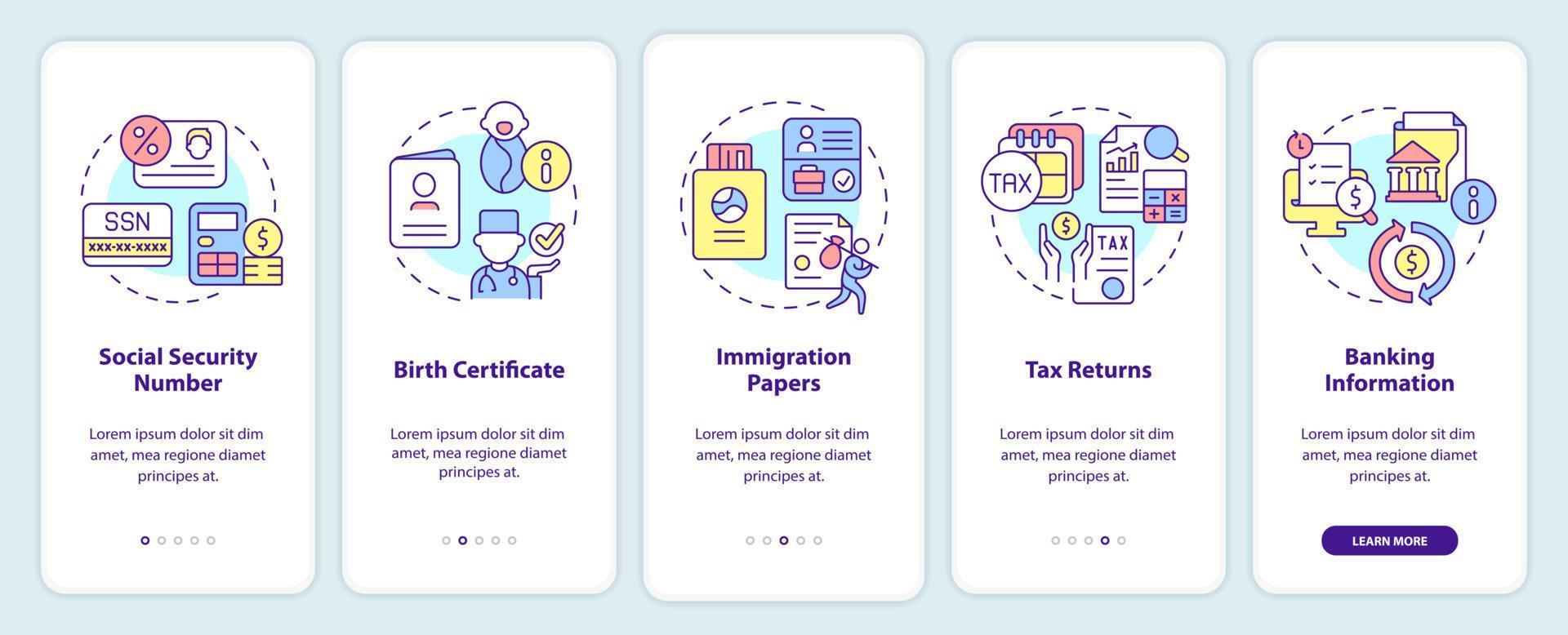 aplicativo de programa social que integra a tela do aplicativo móvel. documentos passo a passo 5 passos páginas de instruções gráficas com conceitos lineares. ui, ux, modelo de gui. vetor