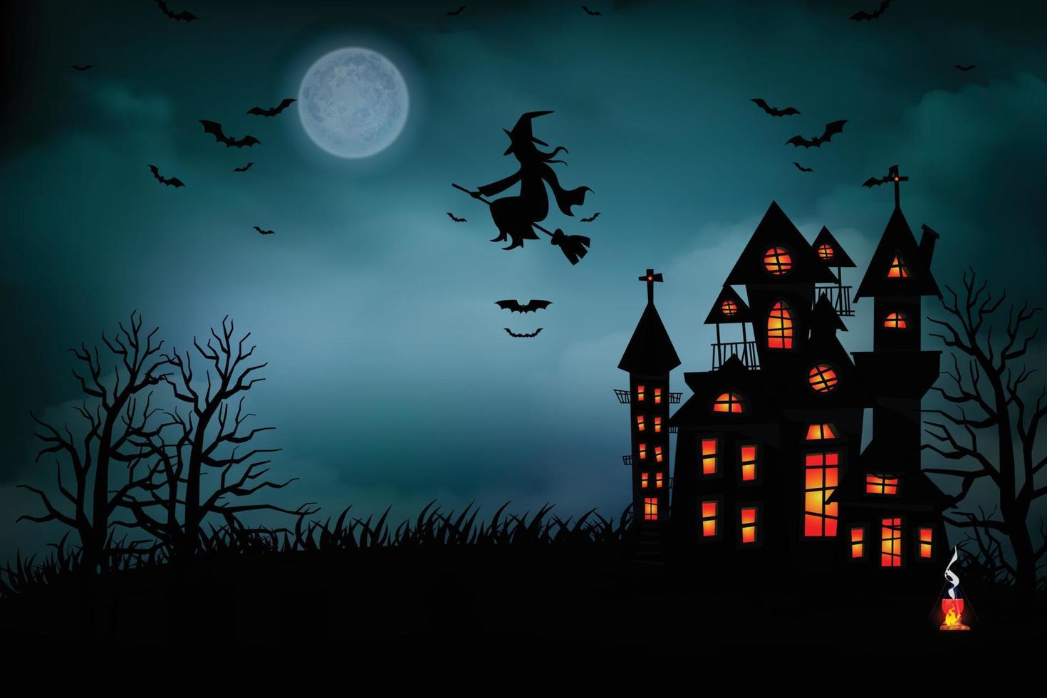 cenas de halloween com a silhueta de um castelo uma lua brilhante e ilustração de árvores mortas. vetor