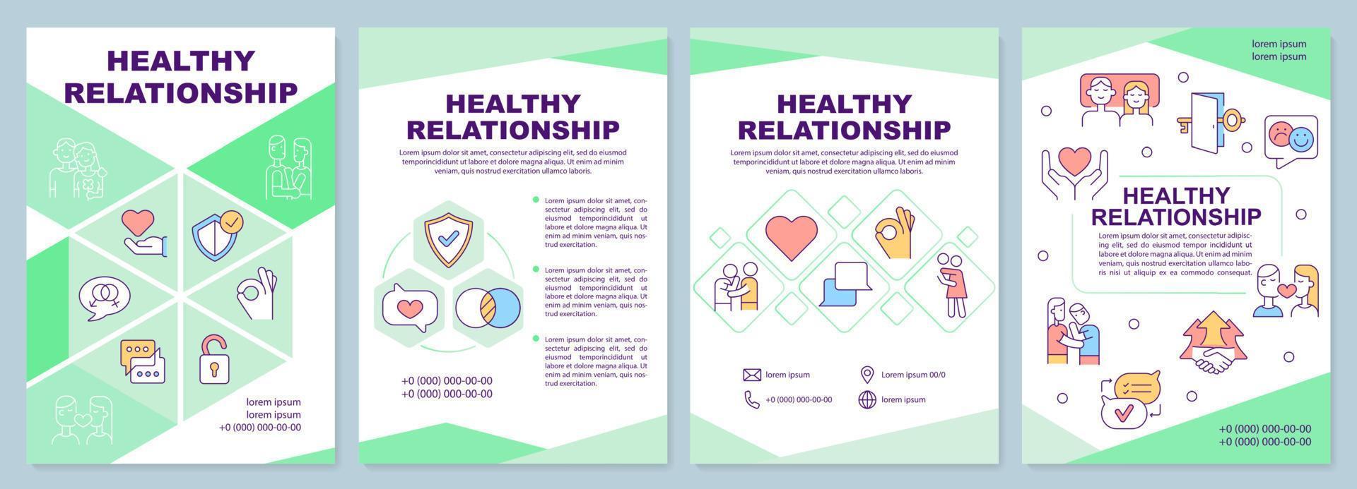 modelo de folheto verde de relacionamento saudável. comunicar com o parceiro. design de folheto com ícones lineares. 4 layouts vetoriais para apresentação, relatórios anuais vetor