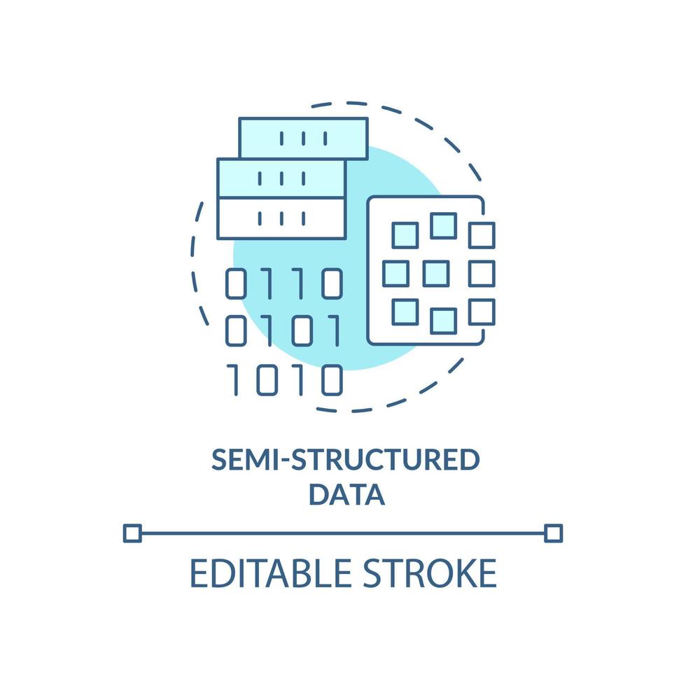 ícone de conceito turquesa de dados semiestruturados. ilustração de linha fina de ideia abstrata de tipo grande de dados. modelo pouco estruturado. desenho de contorno isolado. traço editável. vetor