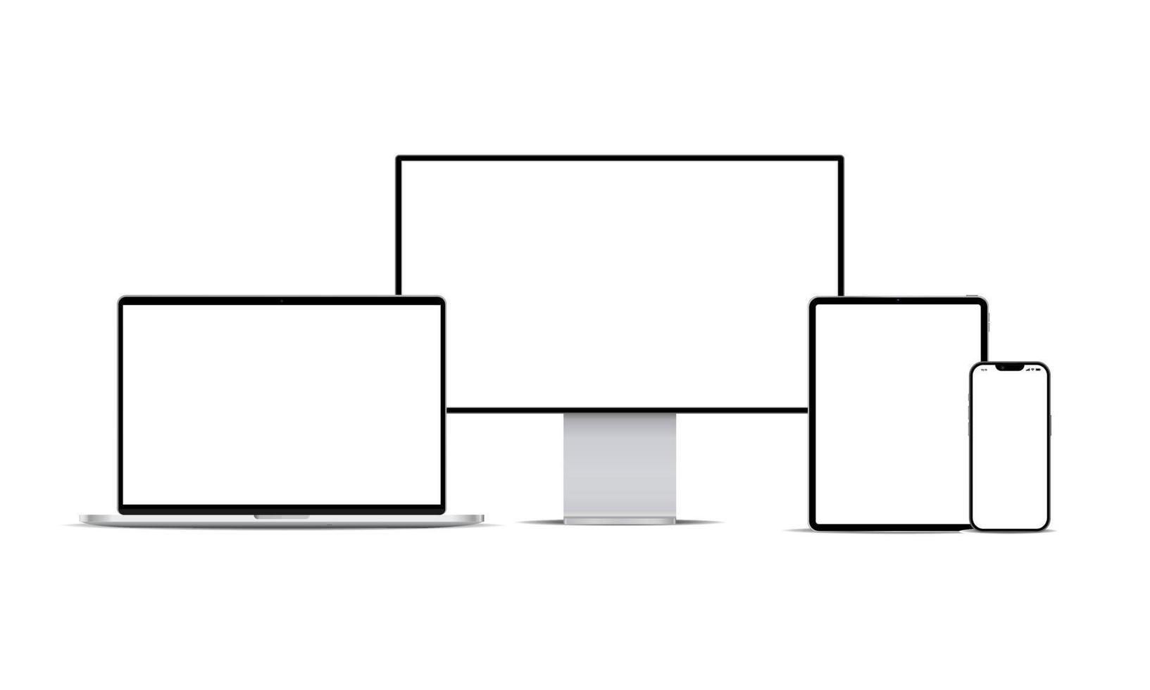 maquete de dispositivo virtual de computadores pessoais, laptops, tablets e smartphones. todos os dispositivos tela de exibição branca. ilustração vetorial. vetor