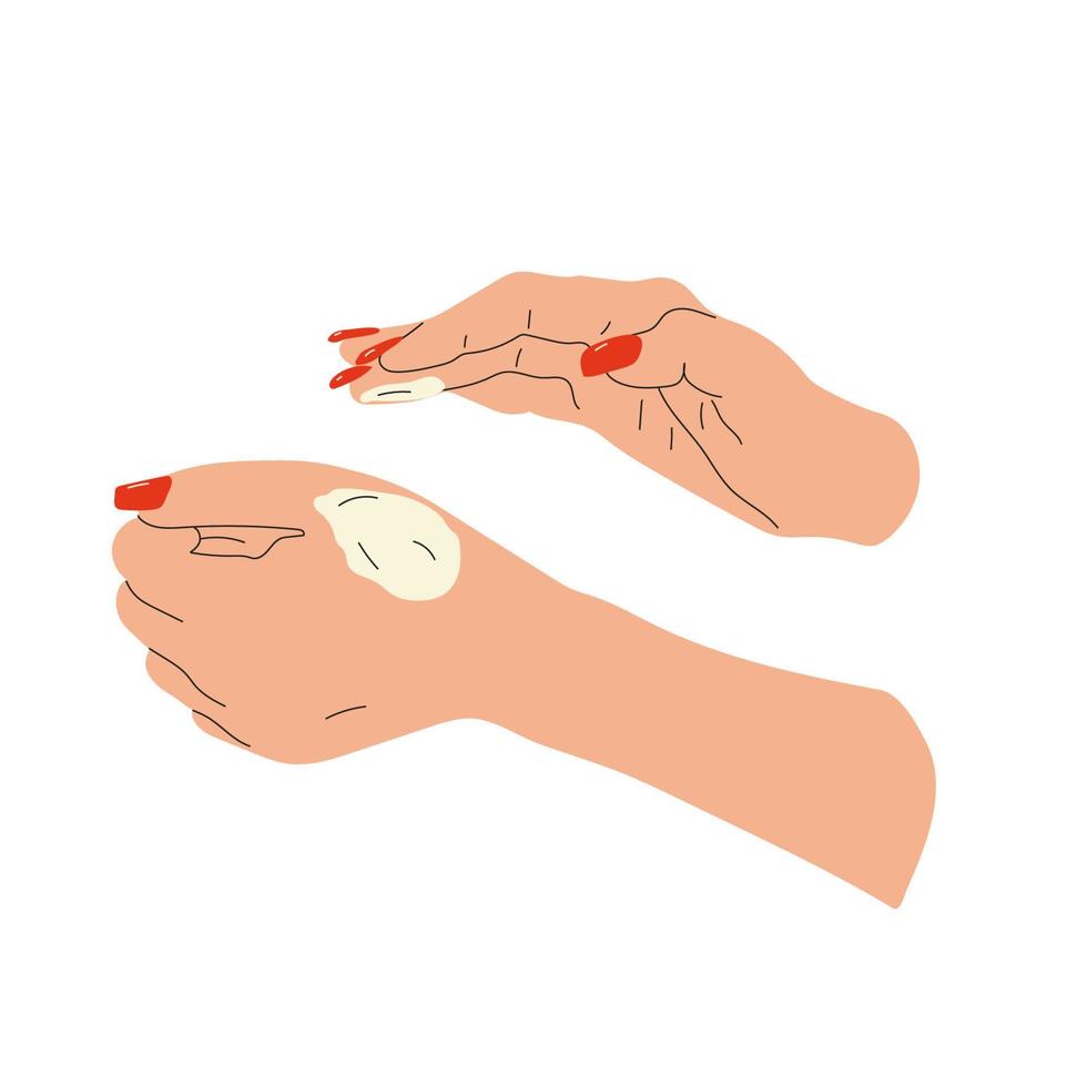 mãos femininas com creme. mulher aplicando loção de tratamento. ilustração vetorial desenhada à mão vetor