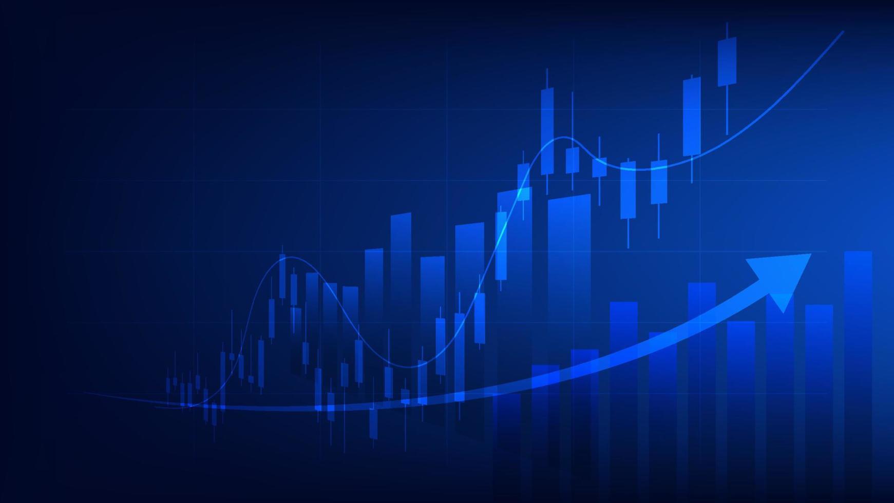 estatísticas de negócios financeiros com gráfico de barras e gráfico de velas mostram o preço do mercado de ações e ganhos efetivos em fundo azul vetor