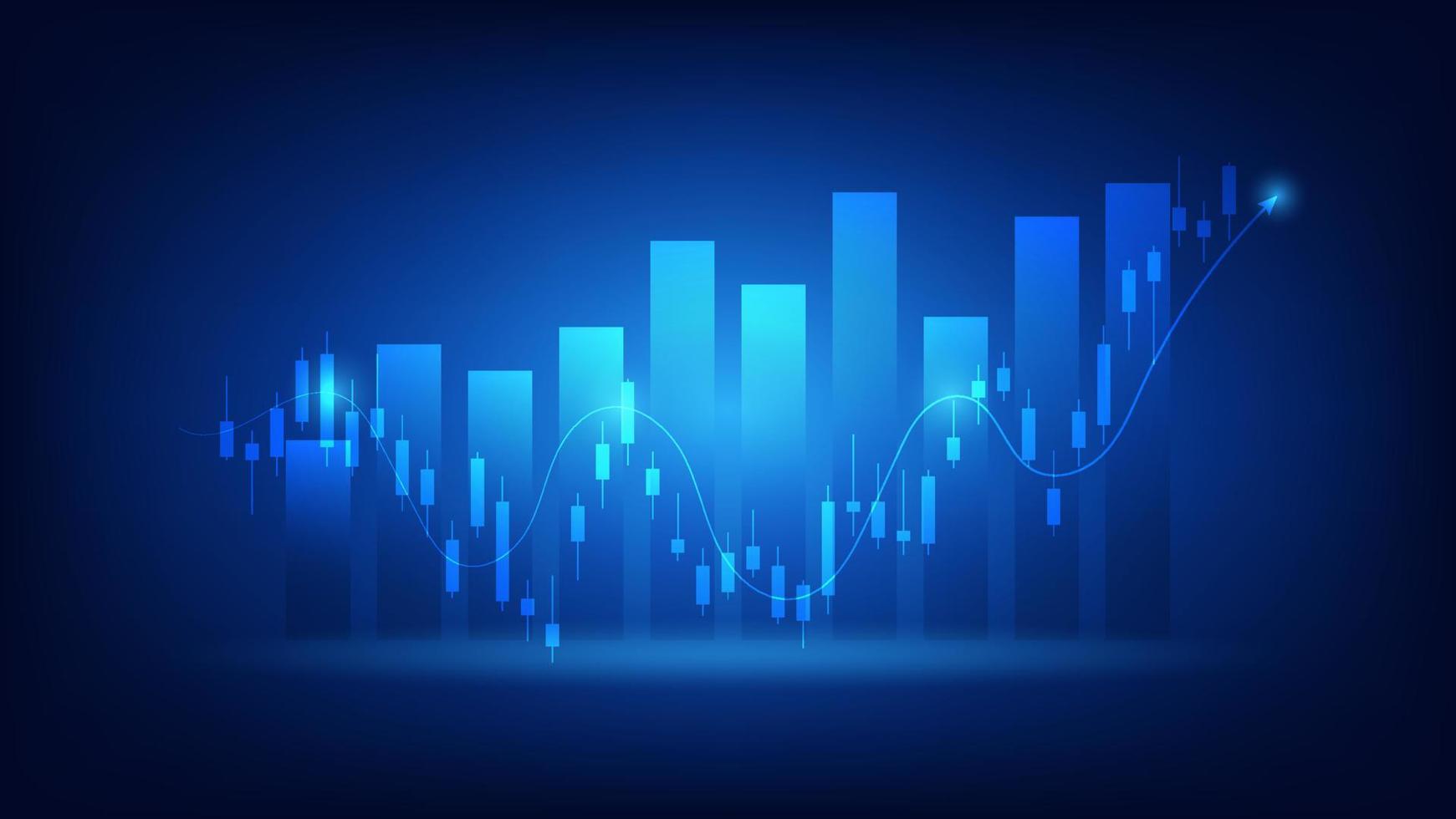 estatísticas de negócios financeiros com gráfico de barras e gráfico de velas mostram o preço do mercado de ações e ganhos efetivos em fundo azul vetor