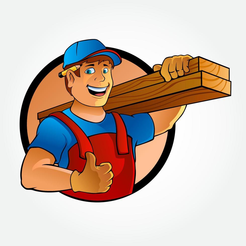 ilustração dos desenhos animados de carpinteiro. ilustração dos desenhos animados de um faz-tudo. carpinteiro carregando tábuas de madeira. vetor