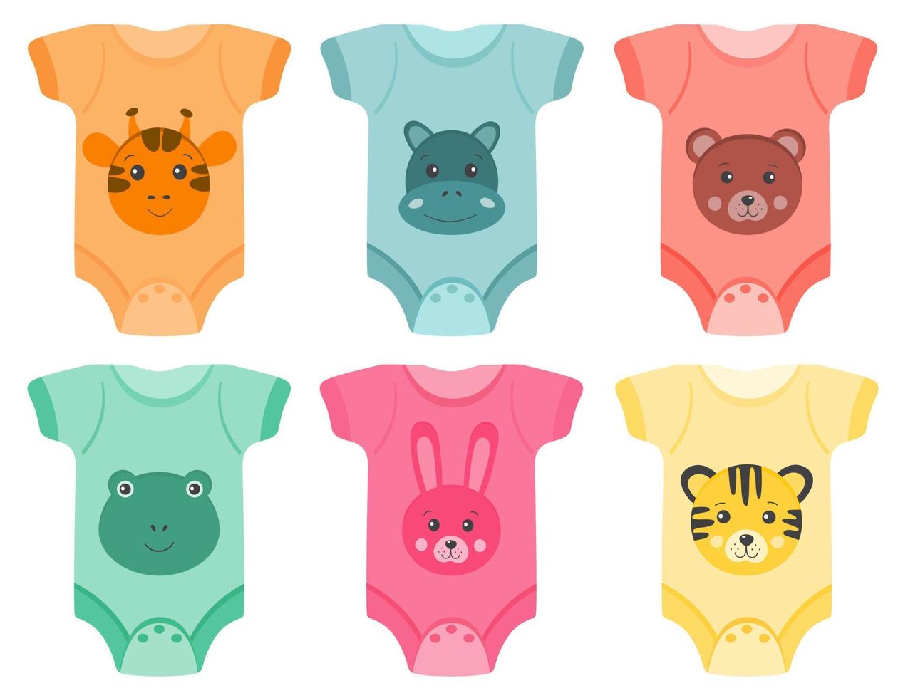 bodys para bebês. roupas de bebê. roupas para crianças recém-nascidas. coleção de bodysuits com animais fofos, isolados no fundo branco. adequado para cartões, loja de roupas de elementos de design, impressão. vetor