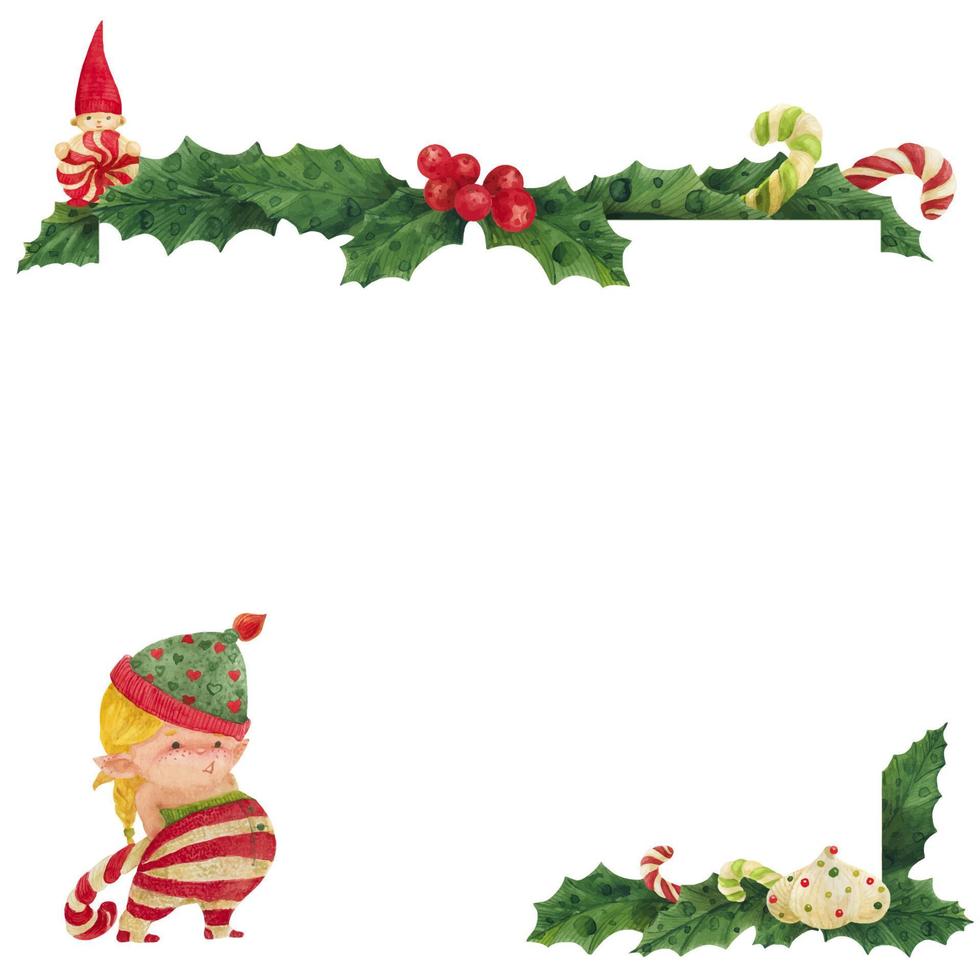 cartão de natal com azevinho e menina elf com bastão de doces vetor