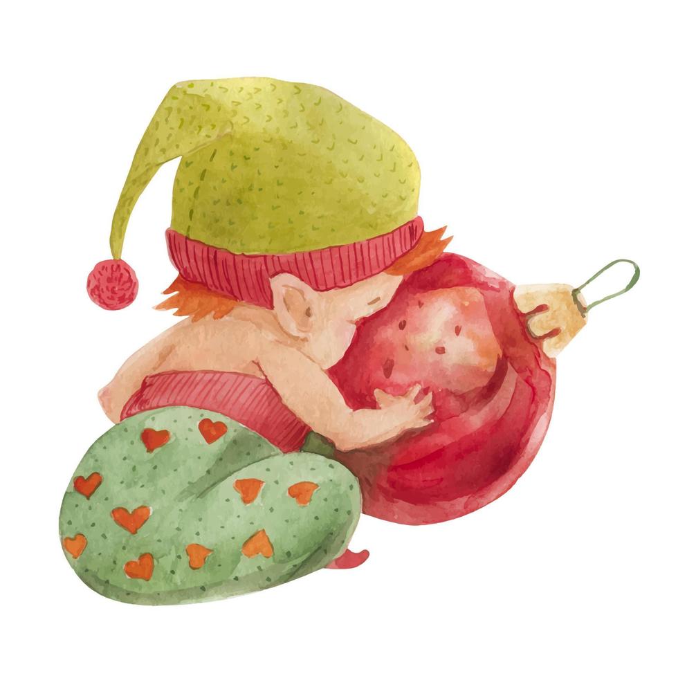 história de elfo de natal, bebê elfo olha na bola de vidro vetor