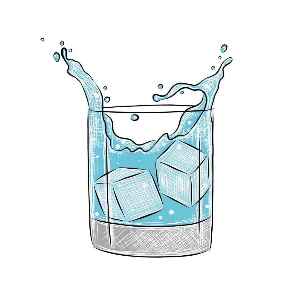 copo de água de estilo gravado em vetor com cubos de gelo, salpicos de ilustração para cartazes, decoração, menu e logotipo. esboço desenhado de mão de bebida, bebida isolada no fundo branco.
