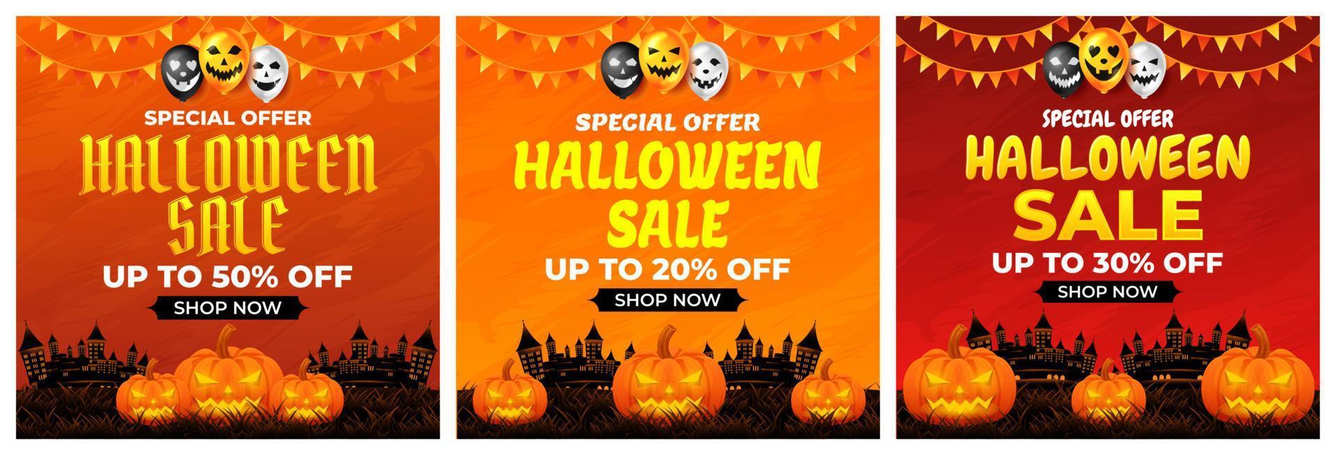 promoção de venda de halloween com balão assustador e vetor de castelo, fundo de feliz dia das bruxas para promoção de varejo de negócios, banner, cartaz, mídia social, feed, convite