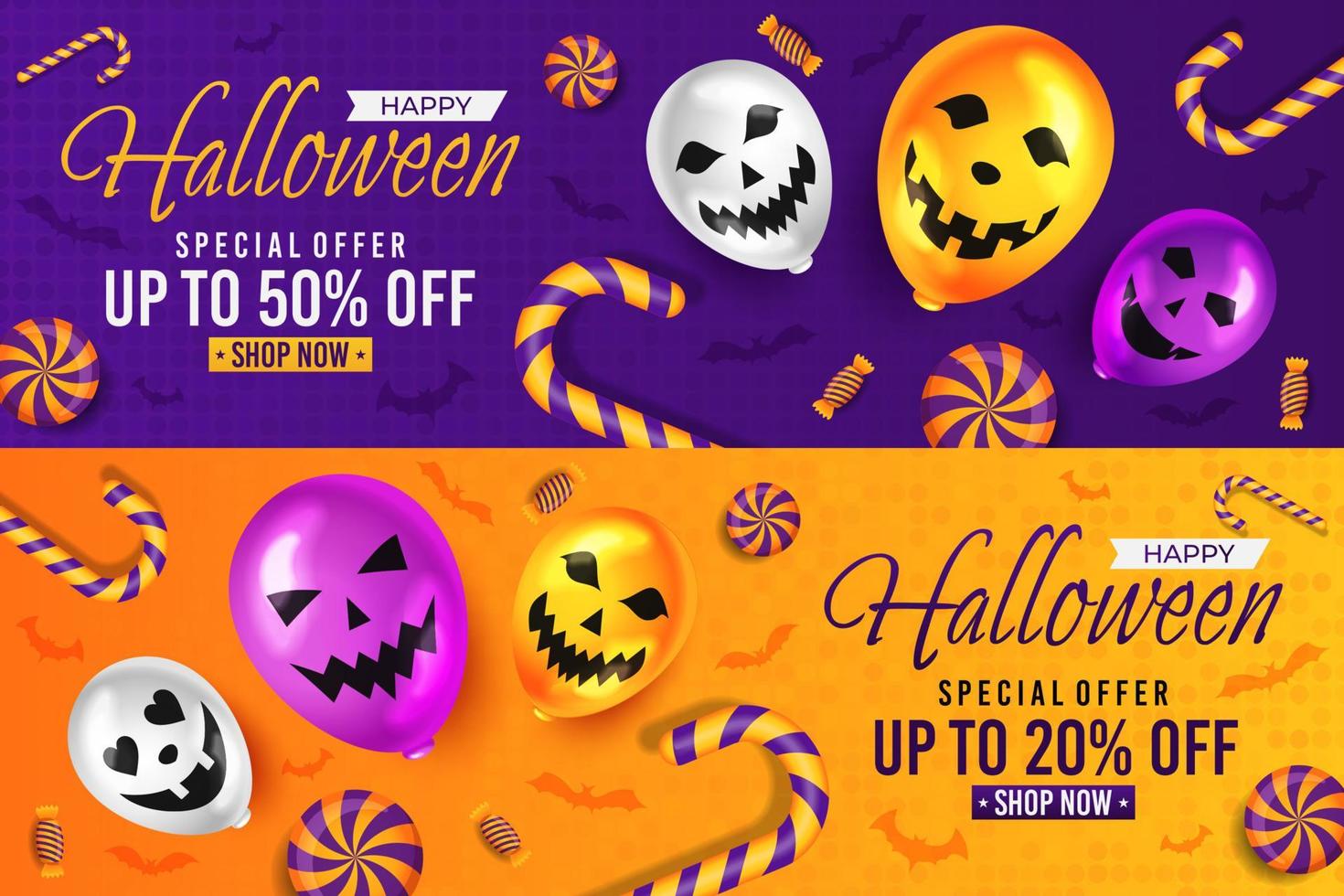 promoção de venda de halloween com balão assustador e vetor de doces, fundo de feliz dia das bruxas para promoção de varejo de negócios, banner, cartaz, mídia social, feed, convite