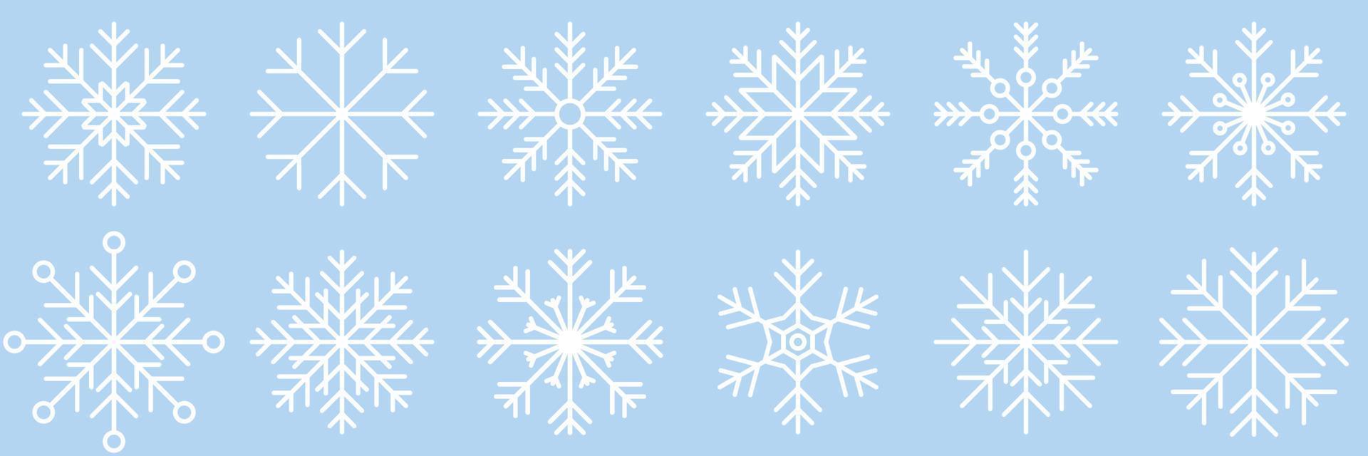 coleção de ícone de variações de floco de neve. conjunto de ícones de floco de neve. símbolos de floco de neve. ícone de neve. fundo de inverno geada. cristal de gelo de flocos de neve isolado. ilustração vetorial vetor