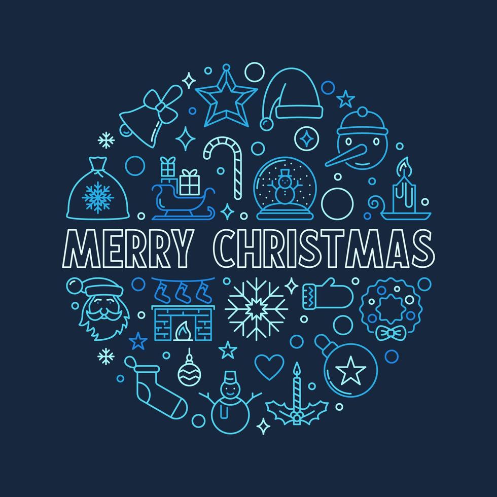 cartão de feliz natal com design de contorno azul redondo vetor