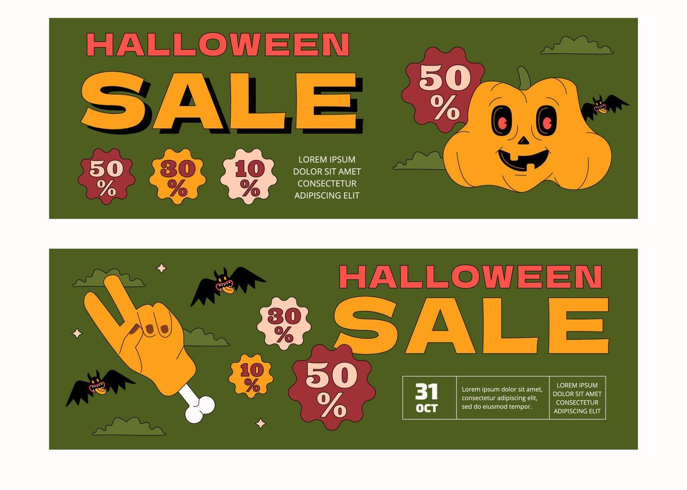 um conjunto de dois modelos horizontais de banner de venda de halloween. o design é no estilo de desenho animado groovy e antigo. vetor