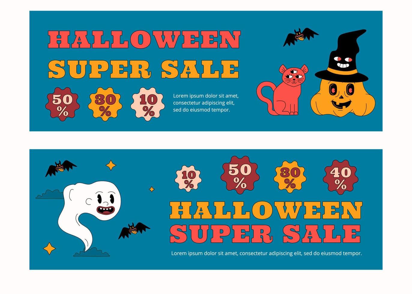 um conjunto de dois modelos horizontais de banner de venda de halloween. personagens no estilo de um desenho animado antigo. vetor