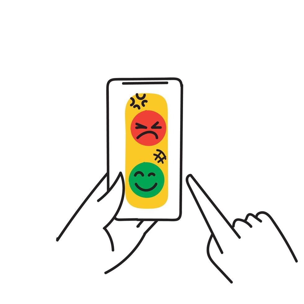 feedback de doodle desenhado à mão e pesquisa no ícone de conjunto de ilustração de smartphone vetor