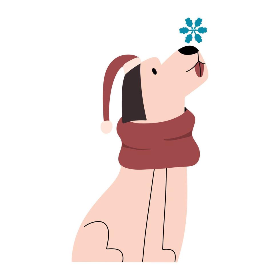 cão com um chapéu de natal e cachecol com um floco de neve. ilustrações vetoriais no estilo de desenho à mão para o ano novo. vetor
