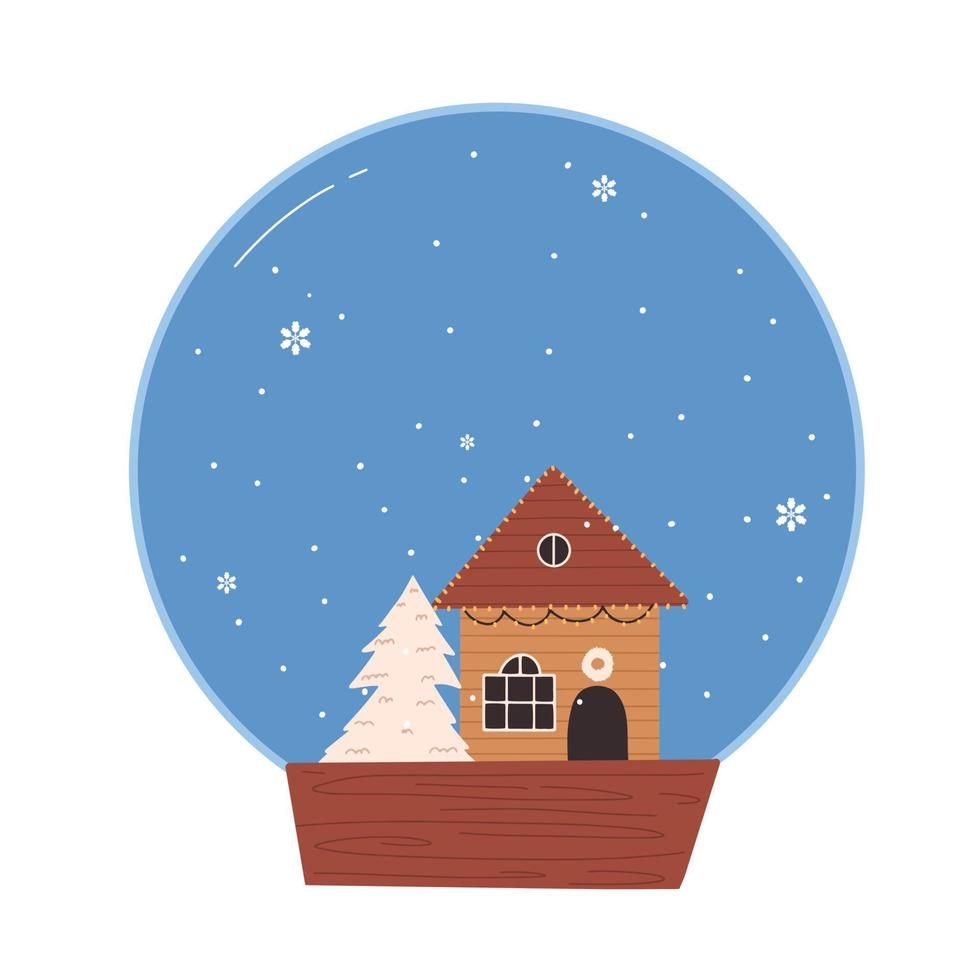 globo de neve com casa e árvore de natal. lembrancinha de natal. ilustração vetorial em estilo desenhado à mão vetor