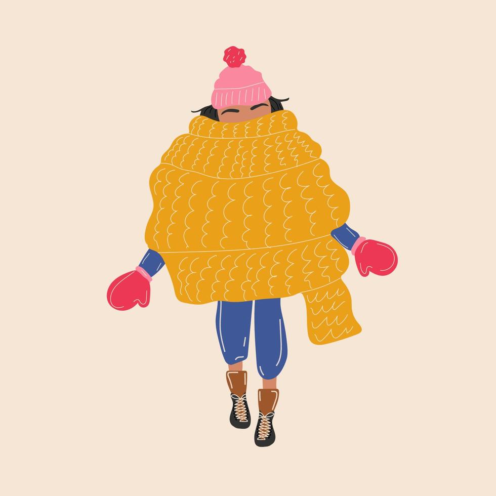 a menina está embrulhada em um lenço. clima de inverno nevado, conceito de roupas aconchegantes. ilustrações vetoriais na moda vetor