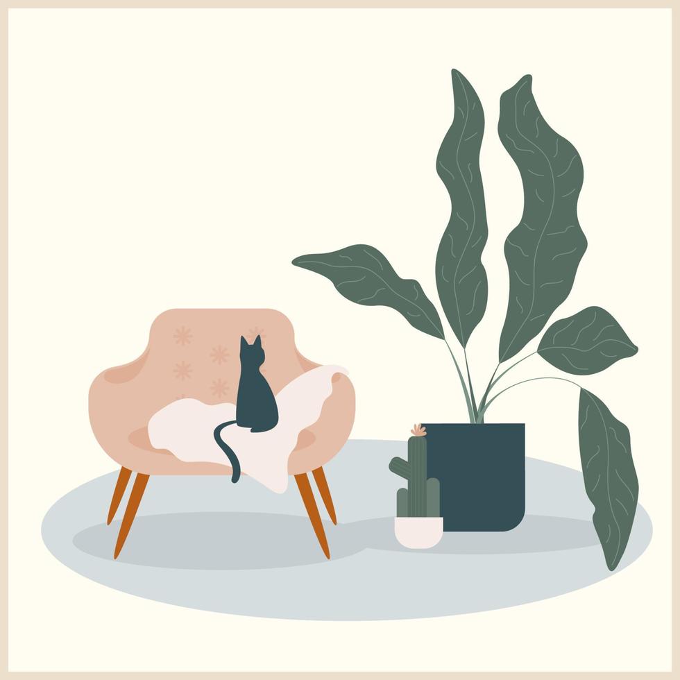 ilustração abstrata de gato e planta artesanal. vetor