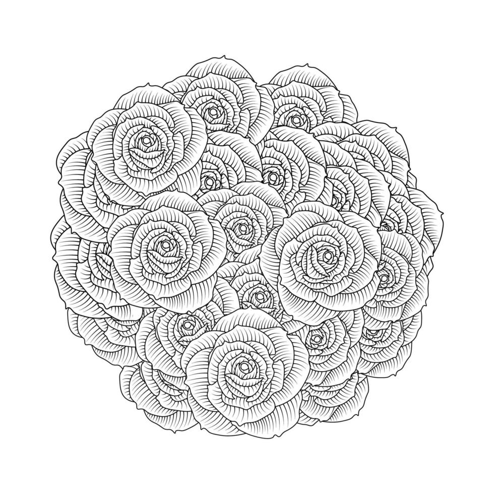 desenho de esboço de linha de página de coloração de flores de rosas vermelhas com ilustração decorativa anti-stress vetor