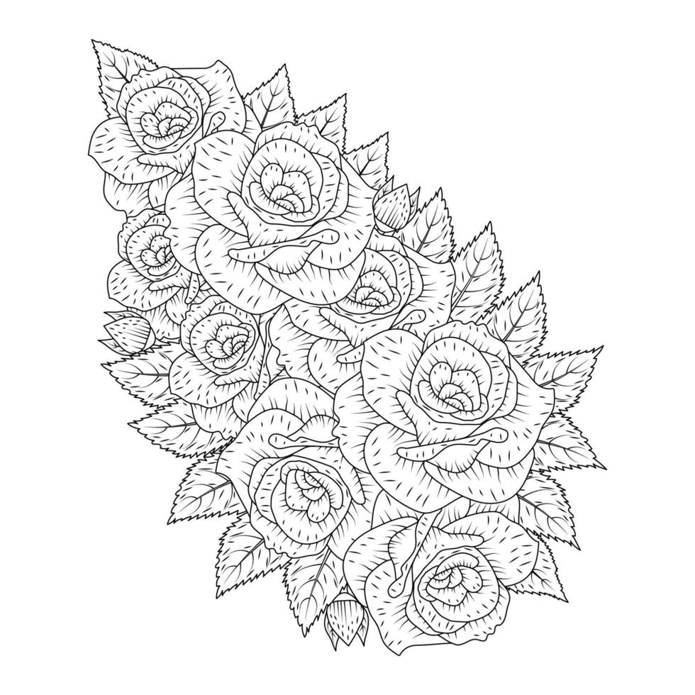 ilustração rosa da arte de linha de lápis com página de livro de colorir adulto estilo doodle com folhas de desenho fácil vetor
