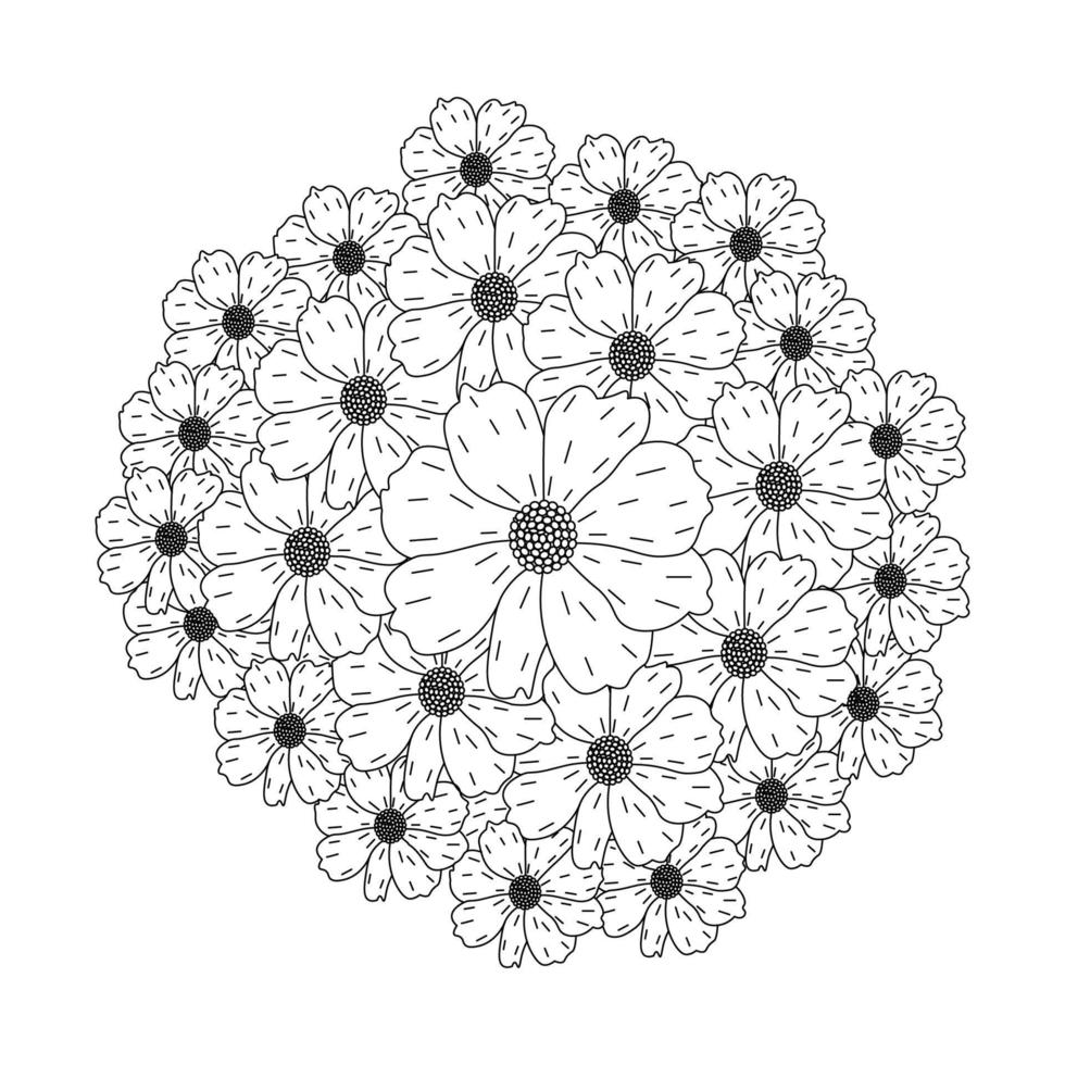 página para colorir de ilustração de flores de cosmos de jardim com design de arte de linha de pétalas florescendo vetor