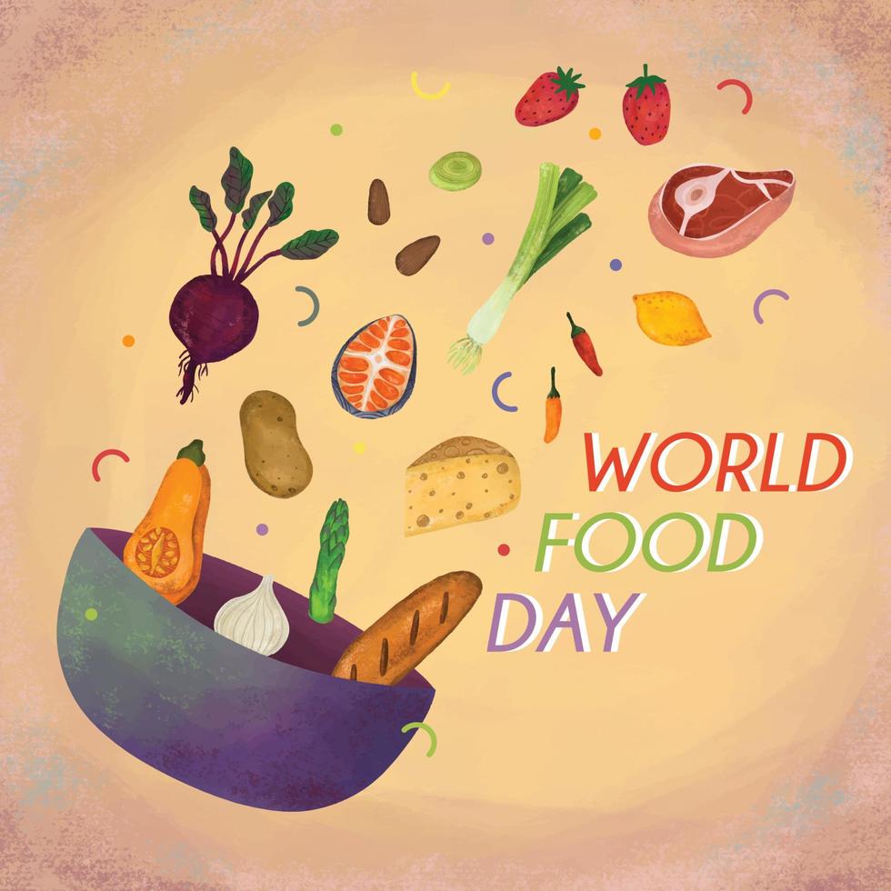 fundo de cartaz de pintura de giz de cera do dia mundial da comida vetor