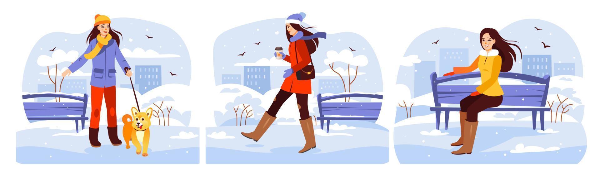 parque de inverno. um conjunto de meninas andando no parque no inverno. a garota bebe café, passeia com o cachorro, sentada em um banco. ilustração vetorial de desenho animado vetor