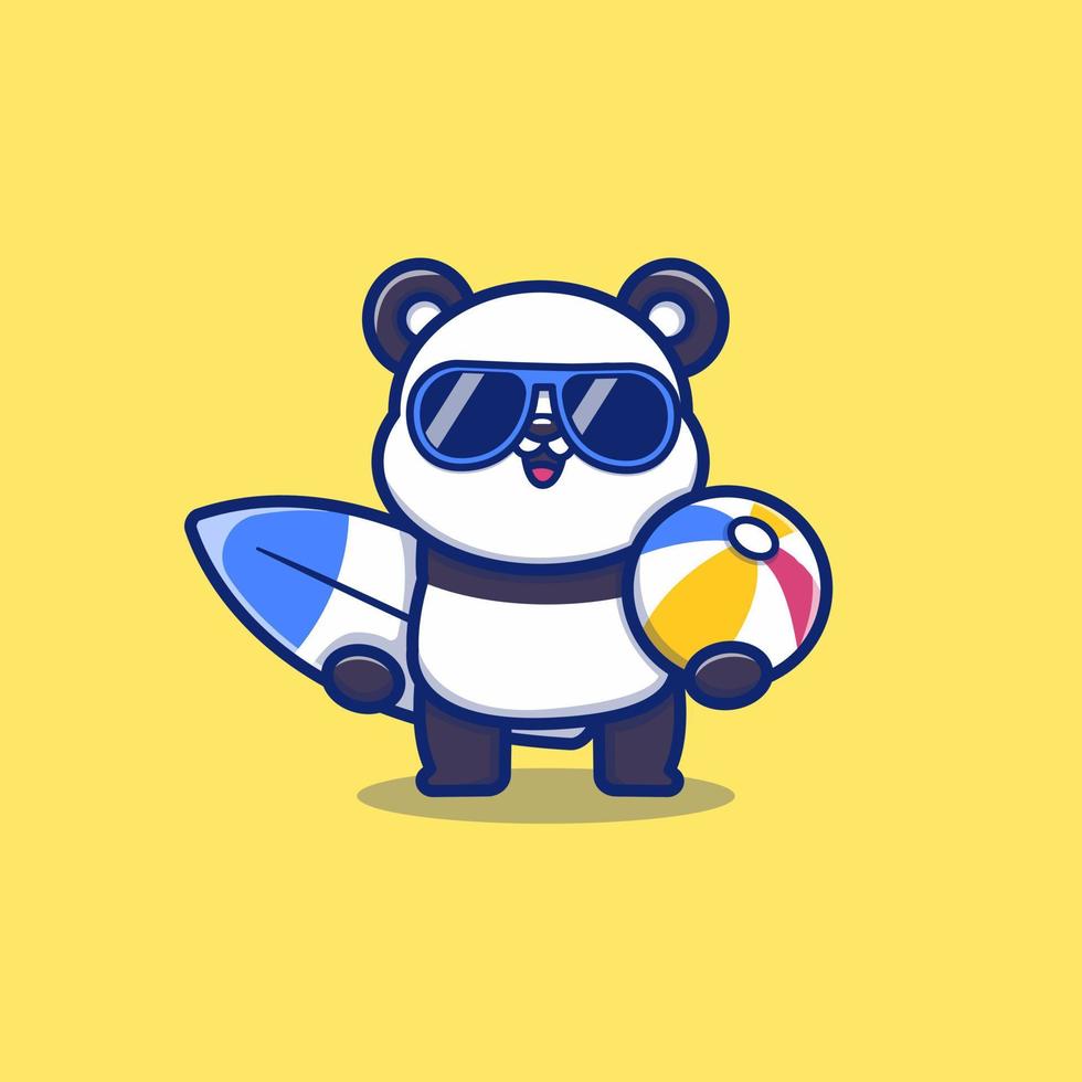 panda bonito segurando a prancha de surf e ilustração de ícone de desenho animado de bola de verão. animal feriado ícone conceito isolado vetor premium. estilo de desenho animado plano