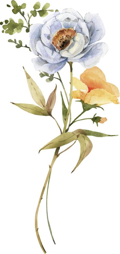 delicado buquê com flor amarela e azul, ilustração em aquarela. vetor