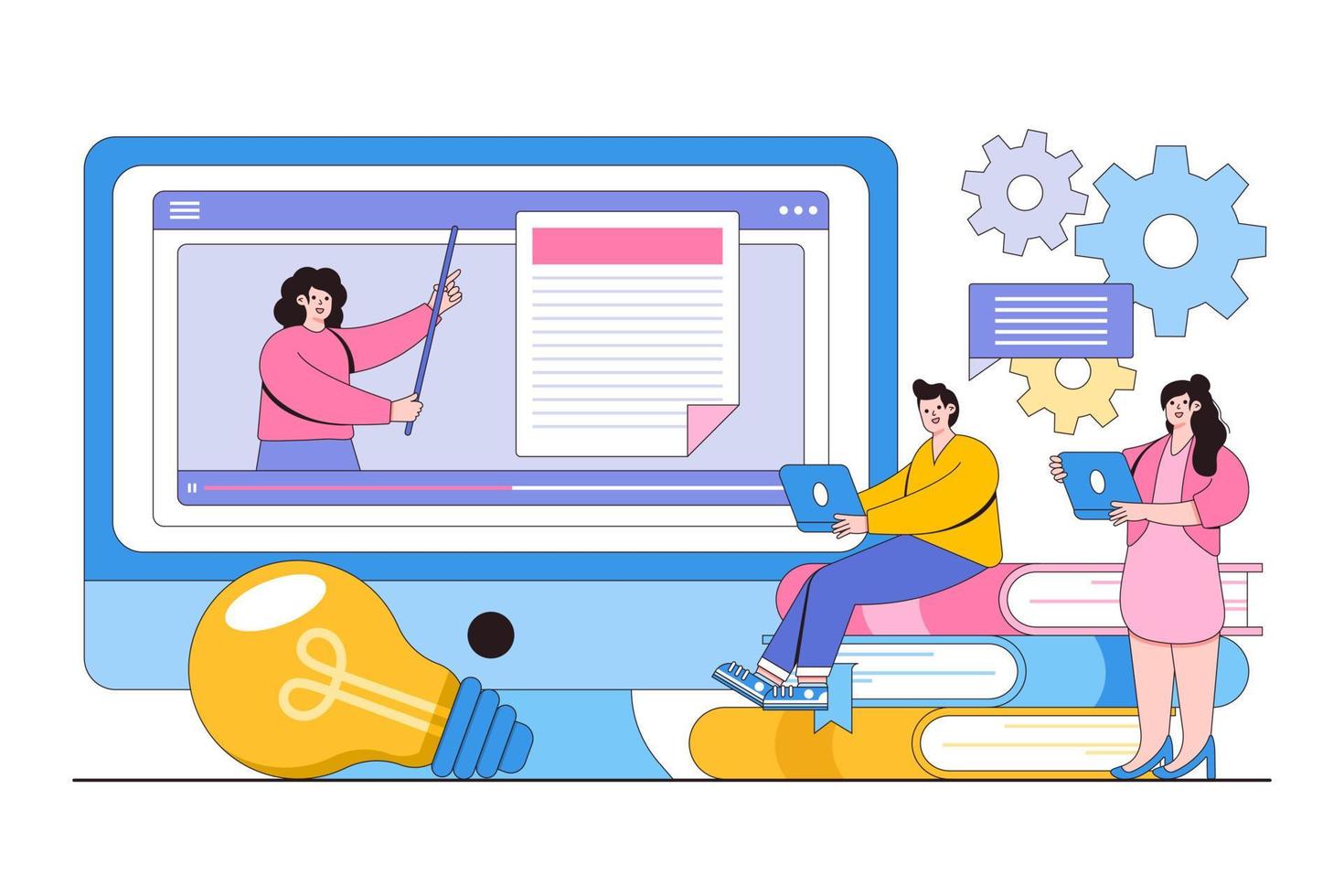 educação on-line de negócios plana e conceito de e-learning em casa. webinar, treinamento em vídeo, podcast tutorial e coaching. ilustração vetorial mínima de estilo de design de contorno vetor