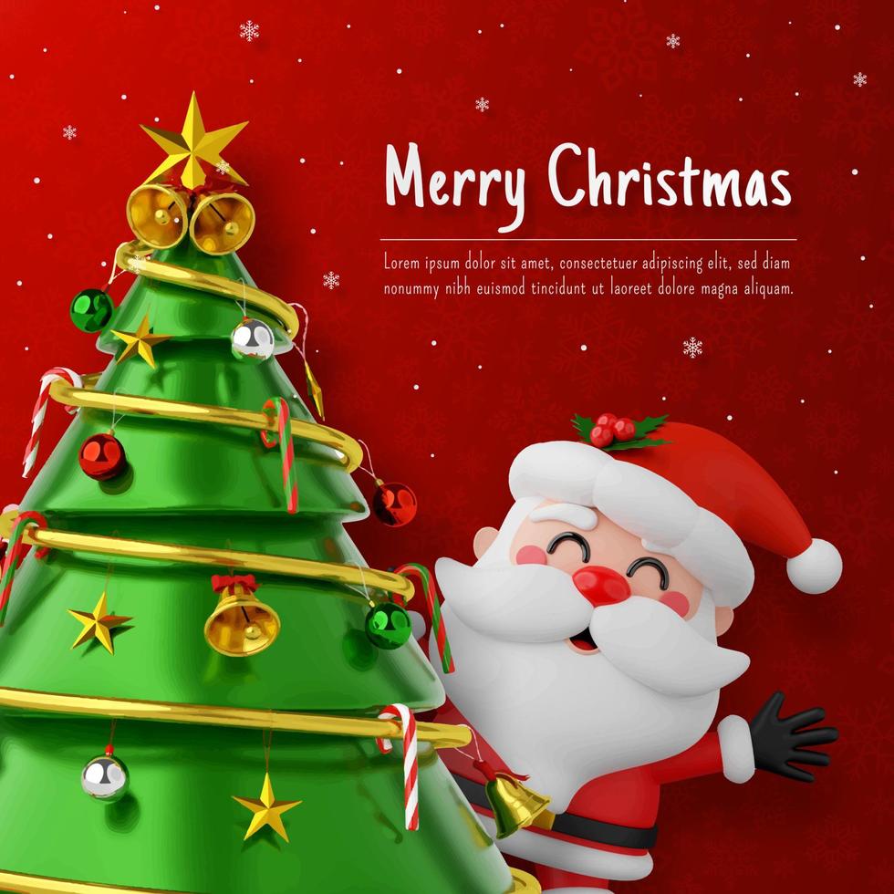 cartão postal de natal do papai noel com árvore de natal em fundo vermelho vetor